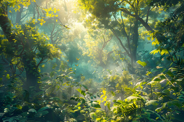 Sunlit Forest: A Tranquil Escape into Nature's Heart with Lush Greenery and Subtle Wildlife
