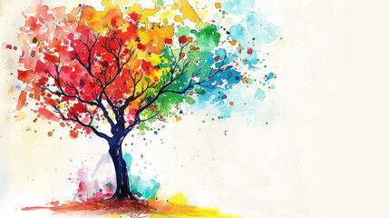 A colorful tree depicted in a painting, standing out against a white background