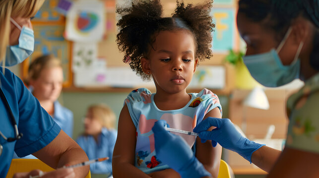 Healthcare Professionals Administering Vaccine to Child at School During National Immunization Awareness Month to Promote Public Health and Prevent Diseases - Powered by Adobe