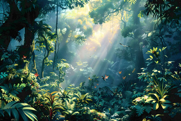 Sunlit Forest: A Tranquil Escape into Nature's Heart with Lush Greenery and Subtle Wildlife