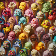 Vibrant Array of Ice Cream Cones Showcasing a Palette of Flavors and Toppings Adding Visual Delight and Joy