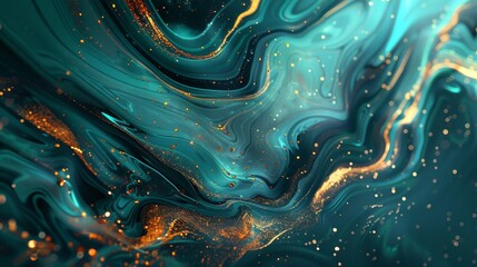 Obraz premium Vibrant mix of bright turquoise and warm gold fluid marble textures starry glows backdrop