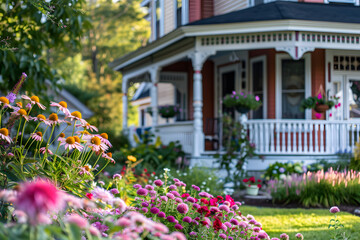 Charming Victorian-style house exterior with a lush garden of vibrant flowers and intricate porch detailing