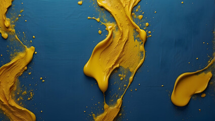 Flowing yellow paint on a blue surface