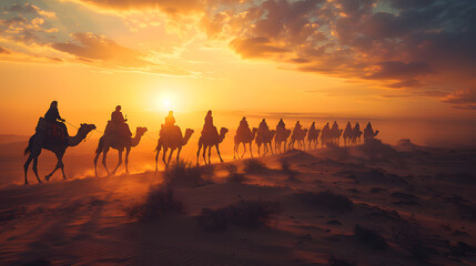 Caravan of camels traversing desert dunes at sunset, showcasing the importance of camelids in arid regions, cultural heritage, and sustainable agriculture