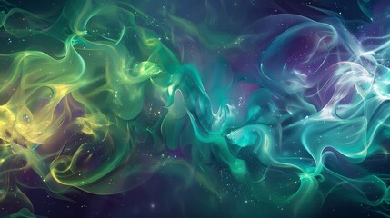 Obraz premium Energetic wallpaper emerald to lavender hues swirling smoke patterns starry lights vibrant Eid essence backdrop
