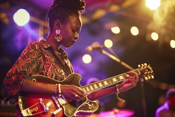 Young woman playing electric guitar on stage under colorful lights. Live music performance photography. Concert and musician concept for poster and print