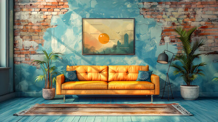 Modern living space complete with a comfortable stylish sofa and a captivating picture adorning  beautifully blue wall. 