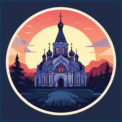 Fototapeta premium Church front view at dawn in the field customized colorful vector illustration art