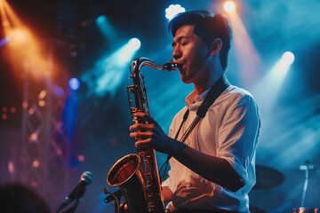 Musician playing saxophone on stage with colorful lights. Concert performance. Live music event concept for poster, banner, and header. Close-up shot.
