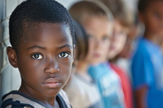 Many children standing in a line behind a fence, bullying concept 