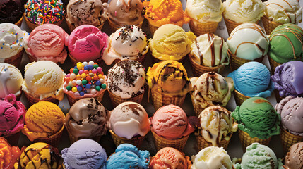 Vibrant Array of Ice Cream Cones Showcasing a Palette of Flavors and Toppings Adding Visual Delight and Joy