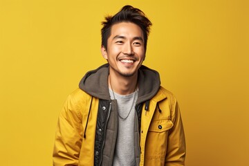 Fototapeta premium A man in a yellow jacket is smiling and looking at the camera