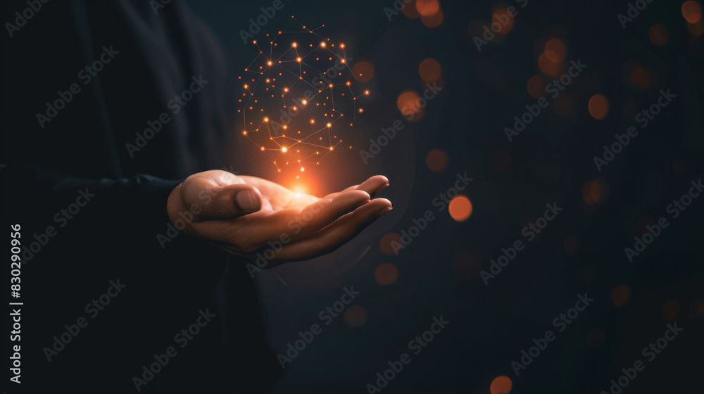 Poster Close-up of hand with glowing digital neural network on dark backdrop