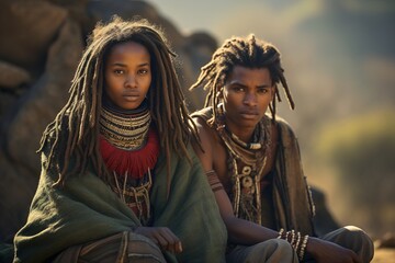 Two men and a woman with dreadlocks are sitting on a rock