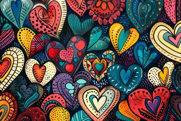 Naklejka premium Brightly colored hearts are painted on a black background, love background 