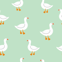 Obraz premium Seamless pattern with a goose. Cute children's pattern with white geese. Vector illustration in flat style. Design for print, fabric, textile, wallpaper, wrapping.