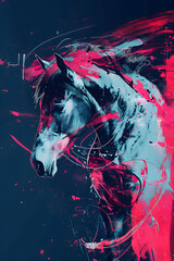 Abstract art portrait of a horse. pink and dark blue colors