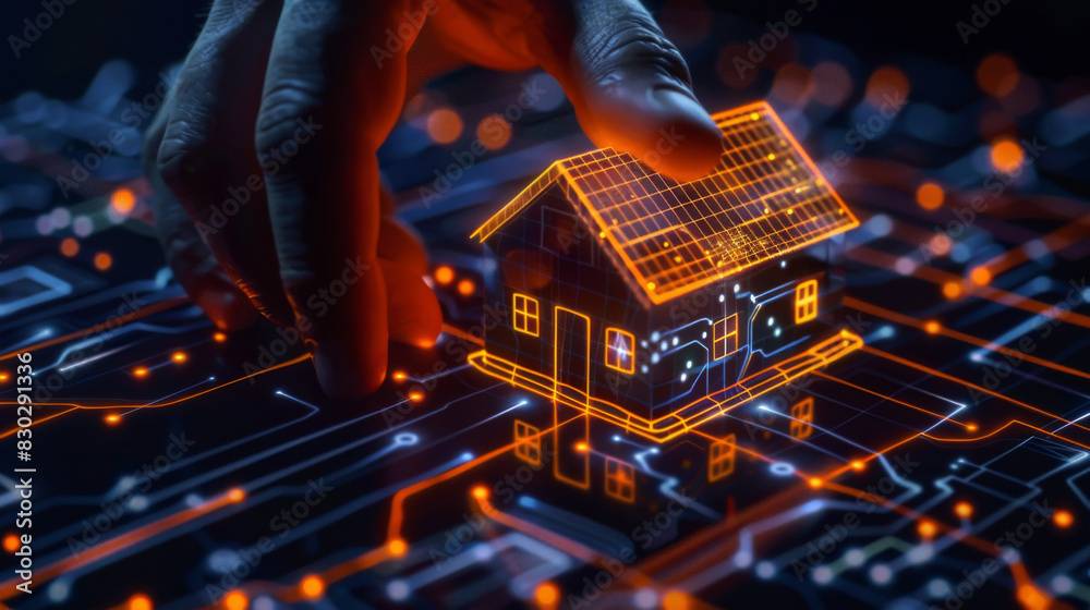 Aufkleber hand interacts with a holographic smart home on a futuristic digital interface