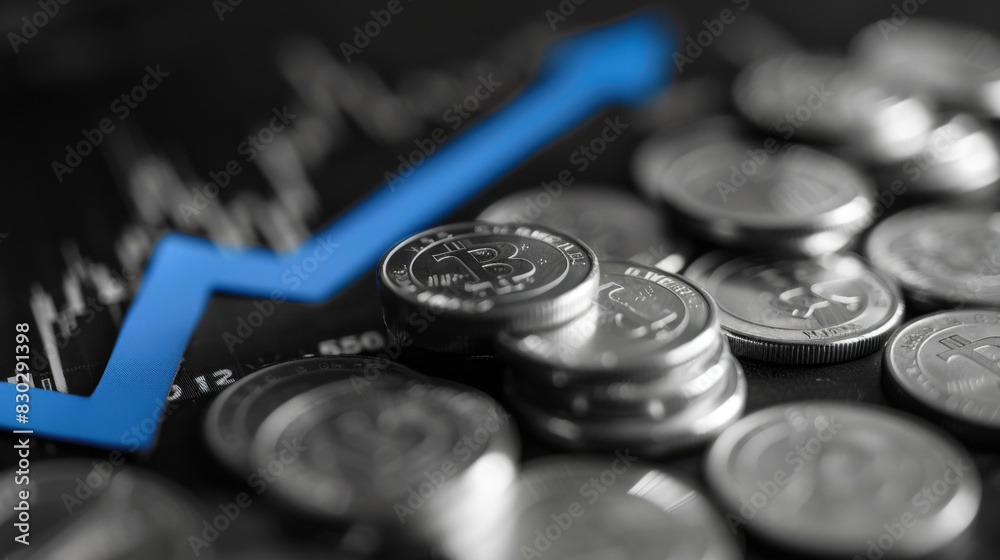 Aufkleber stack of coins with a blue arrow indicating cryptocurrency market growth against a blurred chart bac