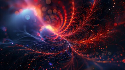Obraz premium Red to deep royal blue gradient intricate fractal patterns glowing dots elegant festive atmosphere backdrop