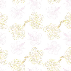 Floral illustration. Hibiscus flower seamless pattern for textile design, scrapbook, wallpaper. Line art black and golden hand drawn tropical floral background