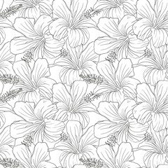 Hibiscus flower seamless pattern for textile design, scrapbook, wallpaper. Line art hand drawn tropical floral background