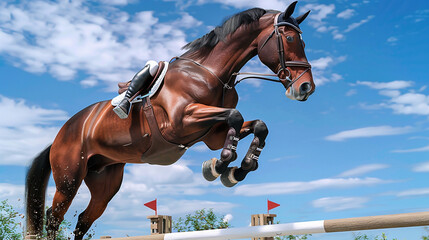 Elegant Equine Elevation: Majestic Horse Leaps Over Towering Obstacle