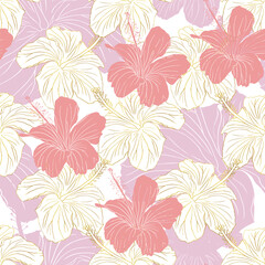 Hibiscus flower seamless pattern for textile design, scrapbook, wallpaper. Line art pink and golden hand drawn tropical floral background.