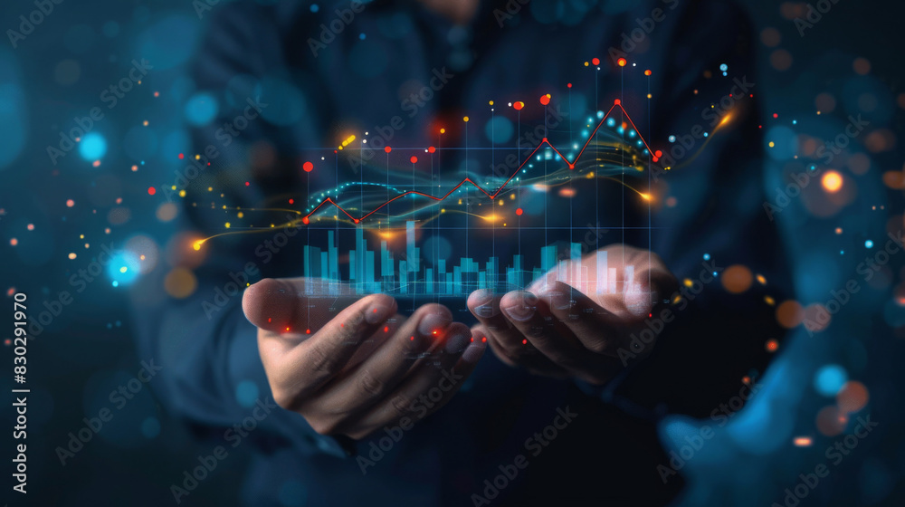 Aufkleber Person interacting with a holographic display of financial graphs and data