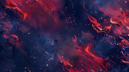 Dynamic abstract: bright vermilion rich navy tones swirling flame-like patterns shimmering particles Independence Day grandeur backdrop