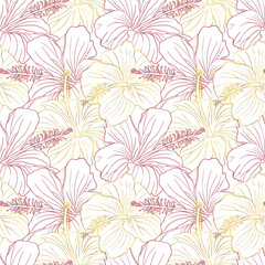 Hibiscus flower girly seamless pattern for textile design, scrapbook, wallpaper. Line art pink and golden hand drawn tropical floral background.