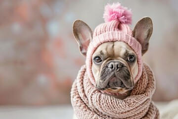 adorable french bulldog plush toy in winter clothes pastel background cute animal photo