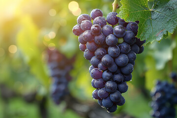 A plump cluster of grapes dangling from a vine, ready to be plucked and savored in the warmth of the sun. Concept of vineyard ripeness. Generative Ai.