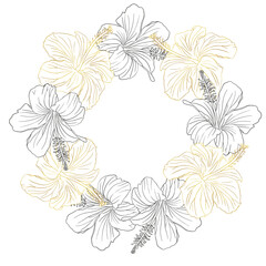 A black ink and gold flower wreath with a black and white flower wreath. The flowers are arranged in a circular pattern.