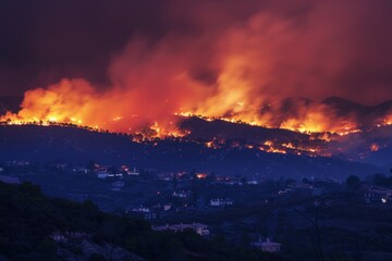 Flames are seen in the distance as a hillside burns