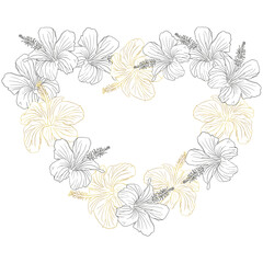 A golden flower heart wreath with a black and white flower wreath. The flowers are arranged in a circular pattern for card or invite.
