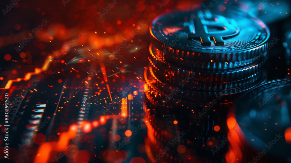 Aufkleber digital illustration of bitcoins stacked on a colorful circuit board backdrop