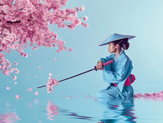 A young samurai practicing sword techniques beside a tranquil lake, with cherry blossoms floating in the air