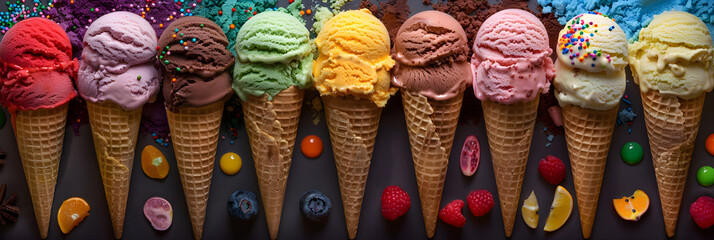 Vibrant Array of Ice Cream Cones Showcasing a Palette of Flavors and Toppings Adding Visual Delight and Joy