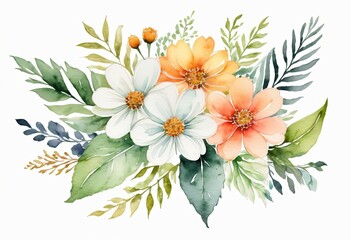 Fototapeta na wymiar Watercolour drawing of a small bouquet of flowers on a white isolated background