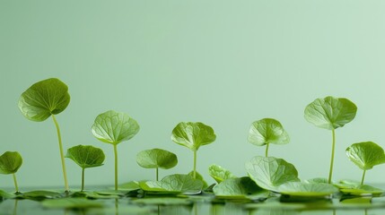 Centella asiatica leaves on a green plain background, banner for Korean cosmetics components