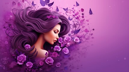 Ethereal Woman Amidst Purple Flowers and Butterflies in a Dreamy Floral Design