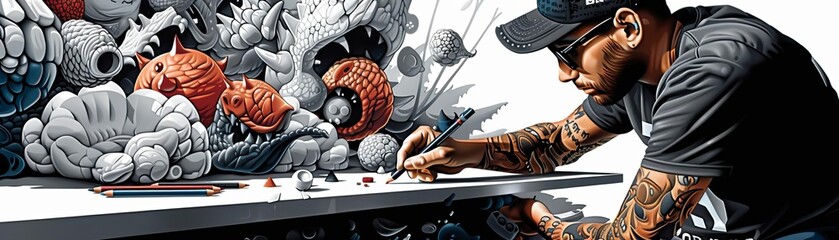 An artist creating a complex and colorful mural using only crayons, blending the colors for shading and texture