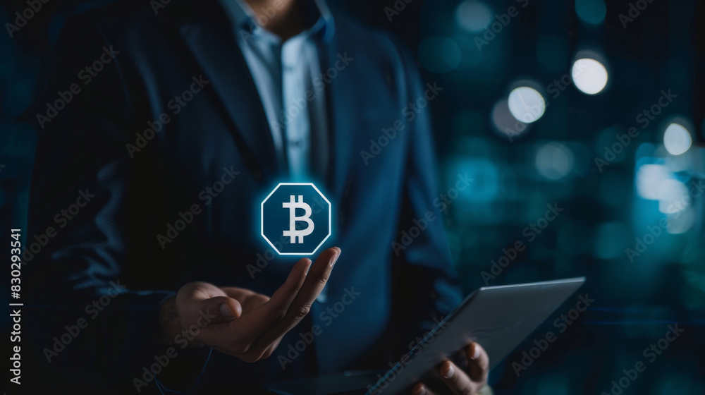 Aufkleber businessman touches a floating bitcoin icon on a tech-inspired background