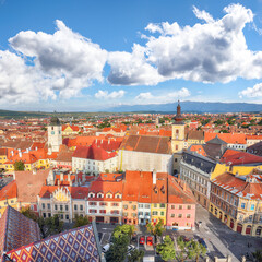 Amazing View from bell tower of St Mary Cathedral on the Old Town in Sibiu city.