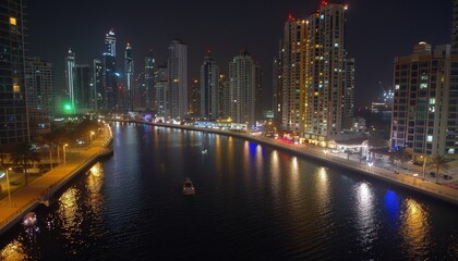 Obraz premium City skyscrapers shining at night resemble a celestial constellation in a dark sky