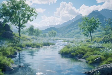 Obraz premium Golden Tranquility: Autumnal River Flowing Through a Majestic Mountainous Forest