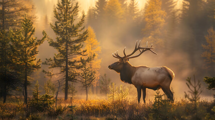 Obraz premium A deer stands in a forest with its head up, looking to the right