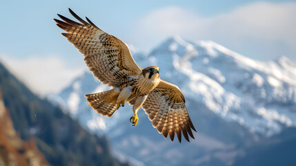 Obraz premium A bird is flying high in the sky above a mountain range